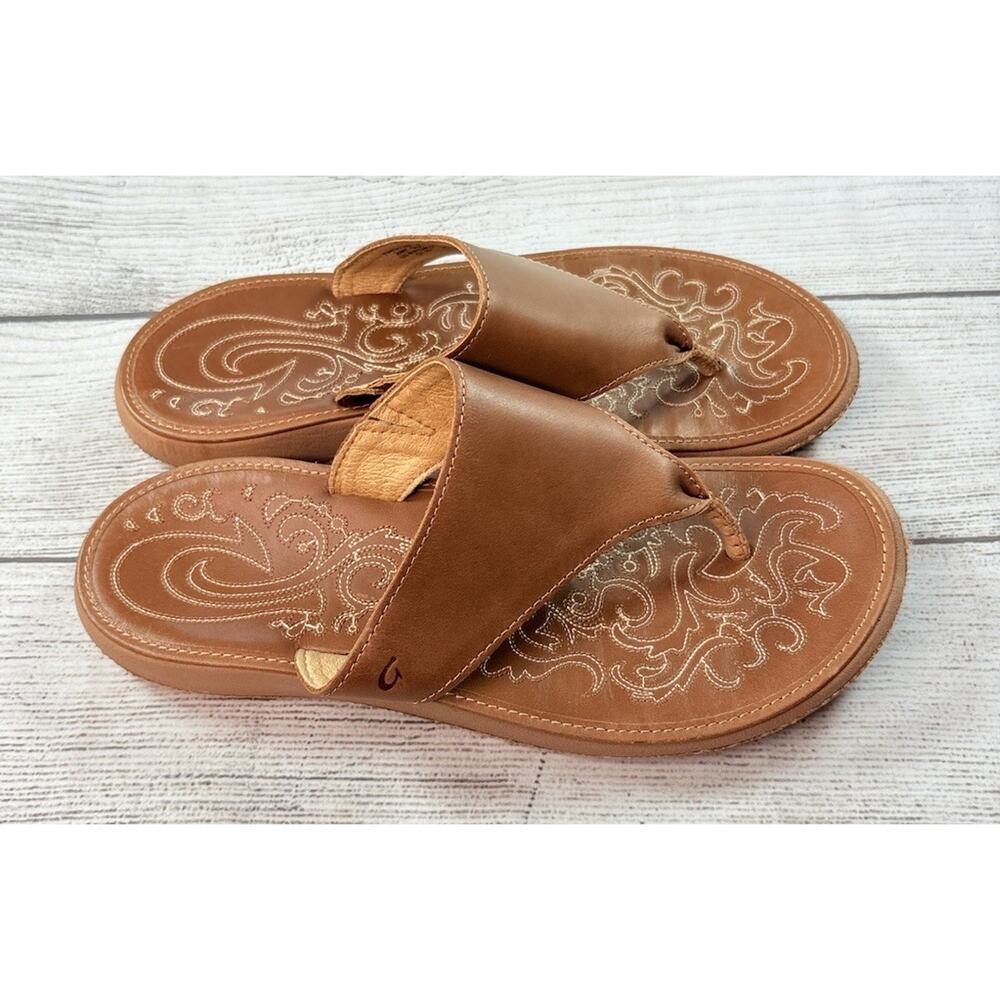 Olukai Sandals Women’s Paniolo Lipi Thong Leather Flip Flops Tan Size 9 - Picture 4 of 6